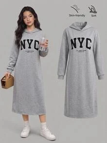 SHEIN 青少年女孩秋冬款軟綿保暖內裡連帽長袖睡袍，灰色 NYC 圖案印花可愛休閒運動風衛衣洋裝，日常上學運動穿搭 - 淺灰色 - 查看 1