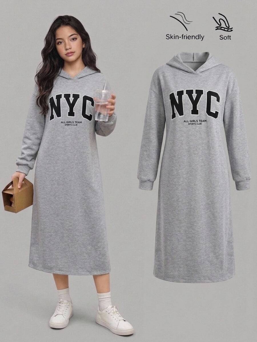 SHEIN 青少年女孩秋冬款軟綿保暖內裡連帽長袖睡袍,灰色 NYC 圖案印花可愛休閒運動風衛衣洋裝,日常上學運動穿搭 - 淺灰色 - 查看 1