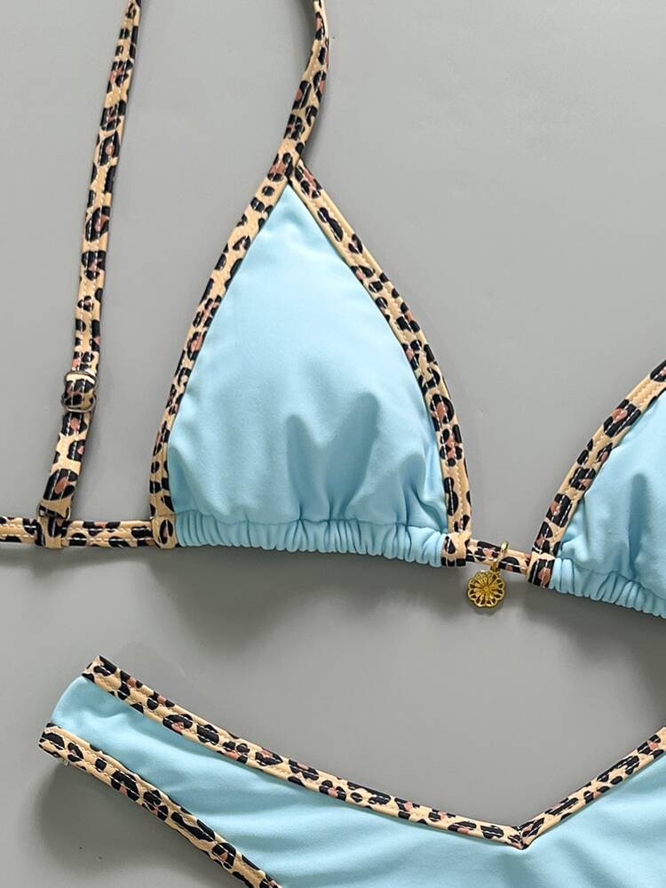 SHEIN Swim Leopard Print Halter Bikini Set For Women High Cut Tie Back Two Pieces Swimwear - Multicolor - View 5