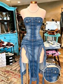 NostaNoir Strapless High-Waist Slimming Denim-Style Vacation Dress, With Sheer Panels And A High Slit, Perfect For Music Festivals - Black - View 3