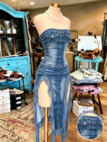 NostaNoir Strapless High-Waist Slimming Denim-Style Vacation Dress, With Sheer Panels And A High Slit, Perfect For Music Festivals - Black - View 4