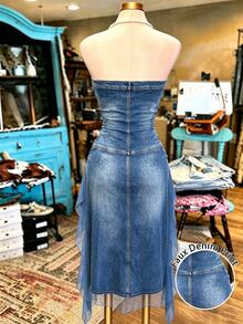 NostaNoir Strapless High-Waist Slimming Denim-Style Vacation Dress, With Sheer Panels And A High Slit, Perfect For Music Festivals - Black - View 2