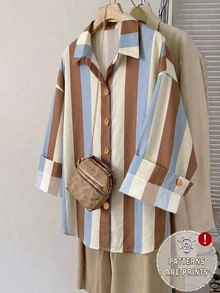 Comfylo 大尺碼極簡風 2000s 1950s 1920s 復古休閒條紋單排扣長袖襯衫 開學季早午餐辦公室穿搭 秋冬款 - 彩色 - 查看 1