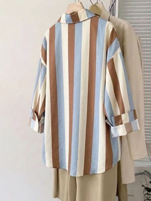 Comfylo 大尺碼極簡風 2000s 1950s 1920s 復古休閒條紋單排扣長袖襯衫 開學季早午餐辦公室穿搭 秋冬款 - 彩色 - 查看 2