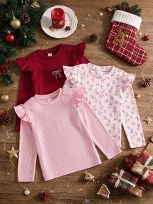 SHEIN Girls' Ditsy Floral Light Pink, Lotus Pink, Dark Red Bow Print Flutter Sleeve Three-Color Top, Simple Cute Sweet, Suitable For Indoor And Outdoor, Suitable For All Seasons - Multicolor - View 4