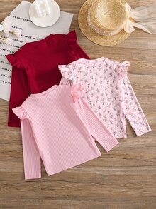 SHEIN Girls' Ditsy Floral Light Pink, Lotus Pink, Dark Red Bow Print Flutter Sleeve Three-Color Top, Simple Cute Sweet, Suitable For Indoor And Outdoor, Suitable For All Seasons - Multicolor - View 2