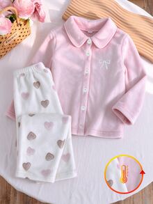 2pcs/Set Girls Flannel Pink Heart Print Embroidered Bow Open Front Long Sleeve Pants Casual Comfortable Lapel Lounge Wear Winter - Pink - View 7
