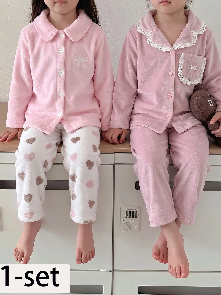 2pcs/Set Girls Flannel Pink Heart Print Embroidered Bow Open Front Long Sleeve Pants Casual Comfortable Lapel Lounge Wear Winter - Pink - View 1
