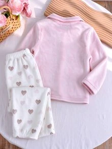 2pcs/Set Girls Flannel Pink Heart Print Embroidered Bow Open Front Long Sleeve Pants Casual Comfortable Lapel Lounge Wear Winter - Pink - View 2