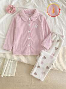 2pcs/Set Girls Flannel Pink Heart Print Embroidered Bow Open Front Long Sleeve Pants Casual Comfortable Lapel Lounge Wear Winter - Pink - View 6