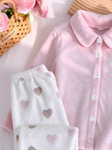2pcs/Set Girls Flannel Pink Heart Print Embroidered Bow Open Front Long Sleeve Pants Casual Comfortable Lapel Lounge Wear Winter - Pink - View 5