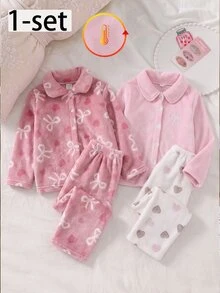 2pcs/Set Girls Flannel Pink Heart Print Embroidered Bow Open Front Long Sleeve Pants Casual Comfortable Lapel Lounge Wear Winter - Pink - View 4