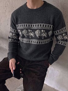 Formmaro 男士圓領懶人長袖套頭毛衣，休閒提花秋冬款，寬鬆時尚日常穿搭百搭動物圖案套頭毛衣，老錢風 - 深灰色 - 查看 6