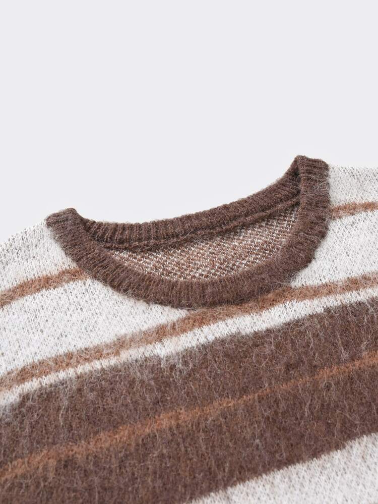 RONVEXI Sweater Lengan Panjang Pria Motif Garis-Garis Warna Blok Kasual Serbaguna untuk Pemakaian Sehari-hari, Panel Cokelat - Coklat - View 4