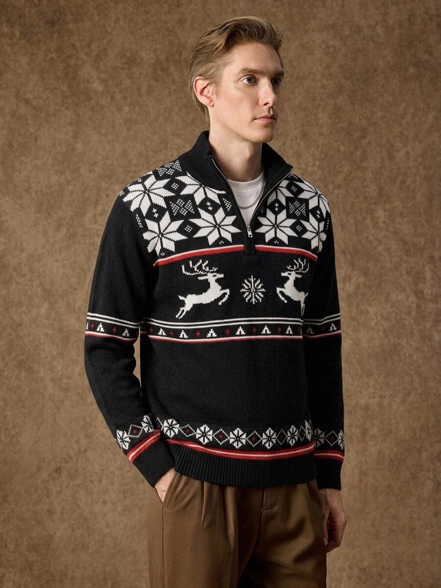 Formmaro Men's Casual Daily Wear Long Sleeve Sweater , Christmas Couple Matching, Old Money - Black - View 1