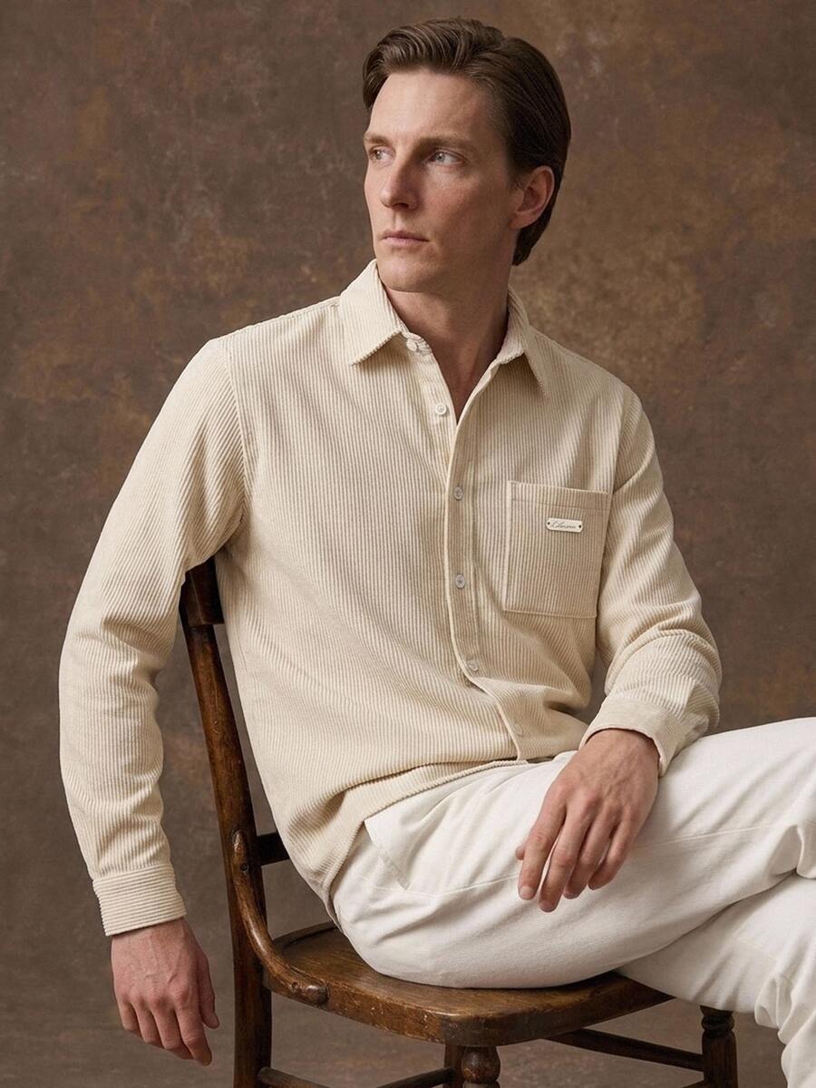 Formmaro 男士單排扣休閒百搭長袖襯衫,適合日常穿著,男孩秋冬新款 Polo 衫 - 杏色 - 查看 1
