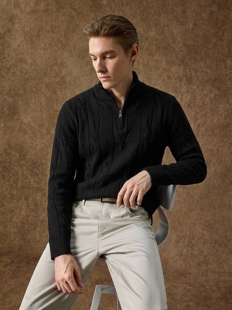 Formmaro Men's Autumn/Winter Long Sleeve Pullover Sweater With Turn-Down Collar, Half-Open Chest Button Rope Design, Christmas Pullover Festival Boys Fall/Wint - Black - View 1