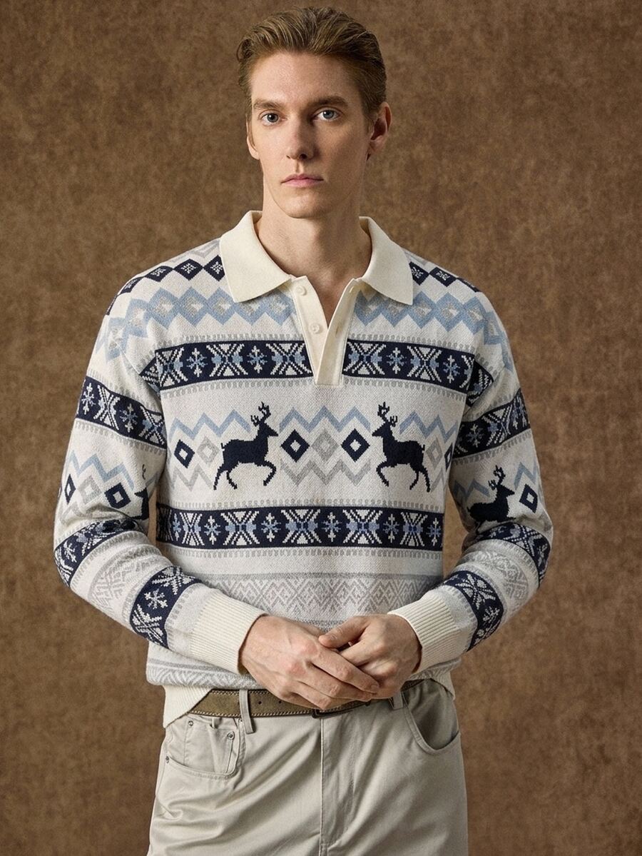 Formmaro 男士鹿紋幾何圖案長袖休閒 Polo 領毛衣 - 彩色 - 查看 1