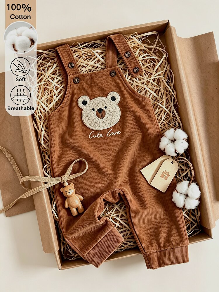 SHEIN Quần yếm thêu miếng vá gấu nâu cho bé sơ sinh trai và gái, 100% cotton mềm thoáng khí, dây đeo điều chỉnh được - màu nâu - Xem 7