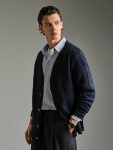 Calmiston 含羊毛男士復古時尚單排扣針織開襟衫 節慶男孩款 秋冬日常新款 毛衣開襟衫 - 綠色 - 查看 4