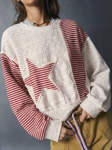 Bohemela Women's Star Patchwork Striped Drop Shoulder Long Sleeve Casual Sweatshirt - Multicolor - View 1