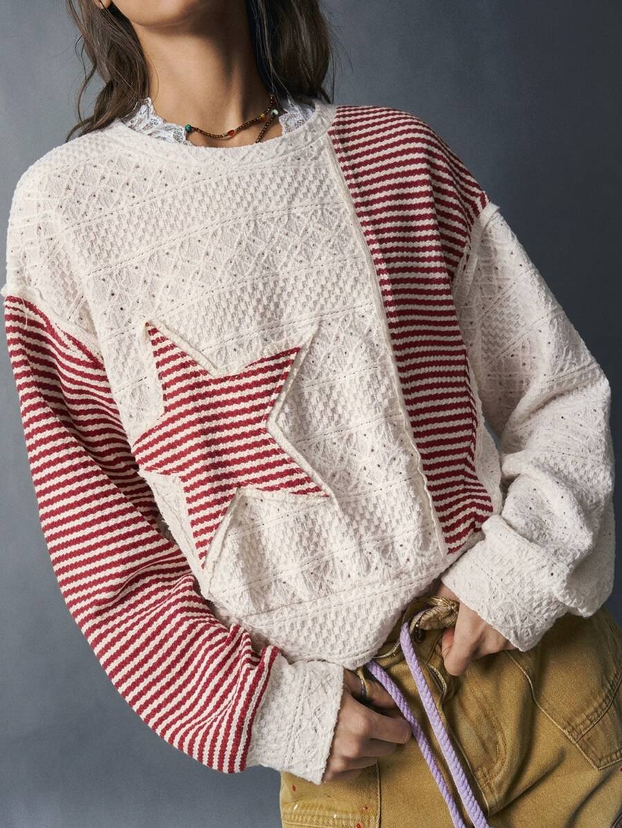 Bohemela Women's Star Patchwork Striped Drop Shoulder Long Sleeve Casual Sweatshirt - Multicolor - View 1