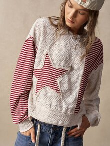 Bohemela Women's Star Patchwork Striped Drop Shoulder Long Sleeve Casual Sweatshirt - Multicolor - View 4
