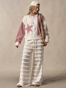 Bohemela Women's Star Patchwork Striped Drop Shoulder Long Sleeve Casual Sweatshirt - Multicolor - View 7