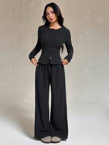 SHEIN PETITE طقم نسائي من قطعتين بلون موحد، ملابس علوية بأكمام طويلة وبنطال، كاجوال للاستخدام اليومي - الأسود - مشاهدة 8