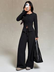 SHEIN PETITE طقم نسائي من قطعتين بلون موحد، ملابس علوية بأكمام طويلة وبنطال، كاجوال للاستخدام اليومي - الأسود - مشاهدة 6