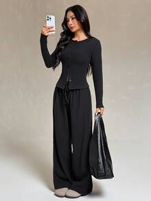 SHEIN PETITE طقم نسائي من قطعتين بلون موحد، ملابس علوية بأكمام طويلة وبنطال، كاجوال للاستخدام اليومي - الأسود - مشاهدة 3