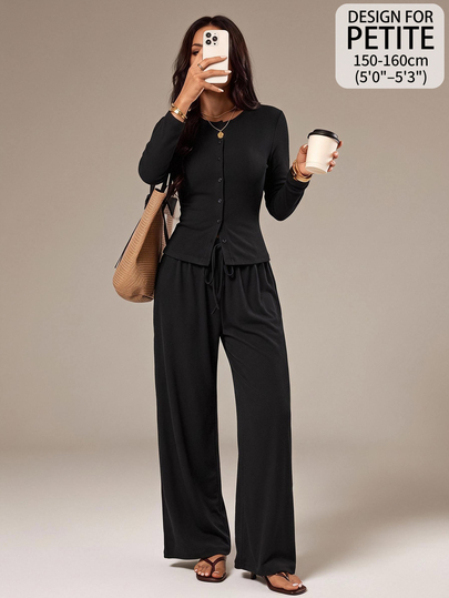 SHEIN PETITE Women's Solid Color Long Sleeve Top And Pants Casual Daily 2 Pieces Set