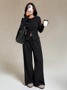 SHEIN PETITE طقم نسائي من قطعتين بلون موحد، ملابس علوية بأكمام طويلة وبنطال، كاجوال للاستخدام اليومي - الأسود - مشاهدة 7