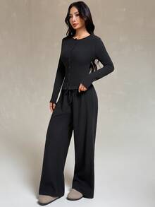 SHEIN PETITE طقم نسائي من قطعتين بلون موحد، ملابس علوية بأكمام طويلة وبنطال، كاجوال للاستخدام اليومي - الأسود - مشاهدة 4