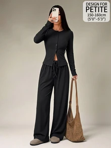 SHEIN PETITE طقم نسائي من قطعتين بلون موحد، ملابس علوية بأكمام طويلة وبنطال، كاجوال للاستخدام اليومي - الأسود - مشاهدة 1