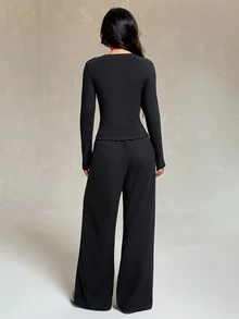 SHEIN PETITE طقم نسائي من قطعتين بلون موحد، ملابس علوية بأكمام طويلة وبنطال، كاجوال للاستخدام اليومي - الأسود - مشاهدة 2