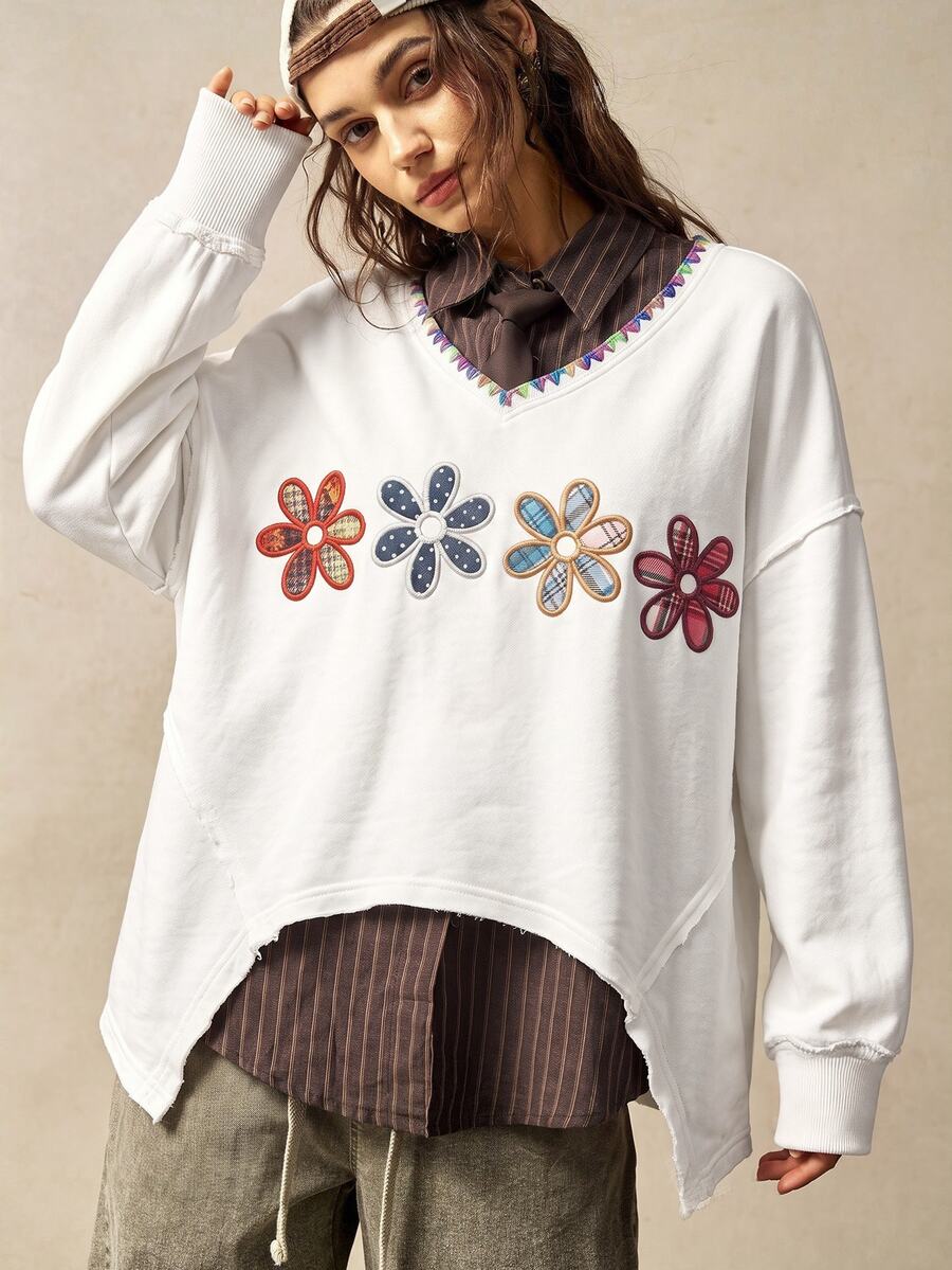 Bohemela Women's V-Neck Floral Print Casual Everyday Long Sleeve Sweatshirt - White - View 1