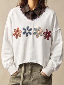 Bohemela Women's V-Neck Floral Print Casual Everyday Long Sleeve Sweatshirt - White - View 2