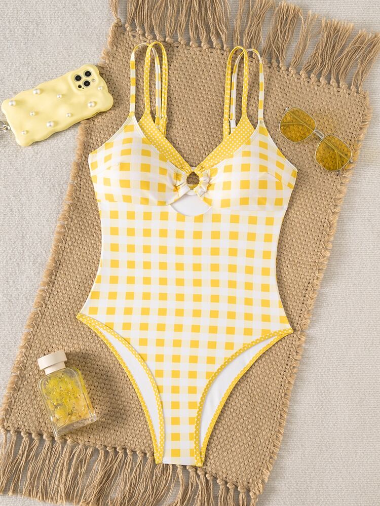 SHEIN Swim Women's One-Piece Plaid Swimsuit With Spaghetti Straps, Suitable For Beach Vacation, Spring/Summer - Yellow - View 4