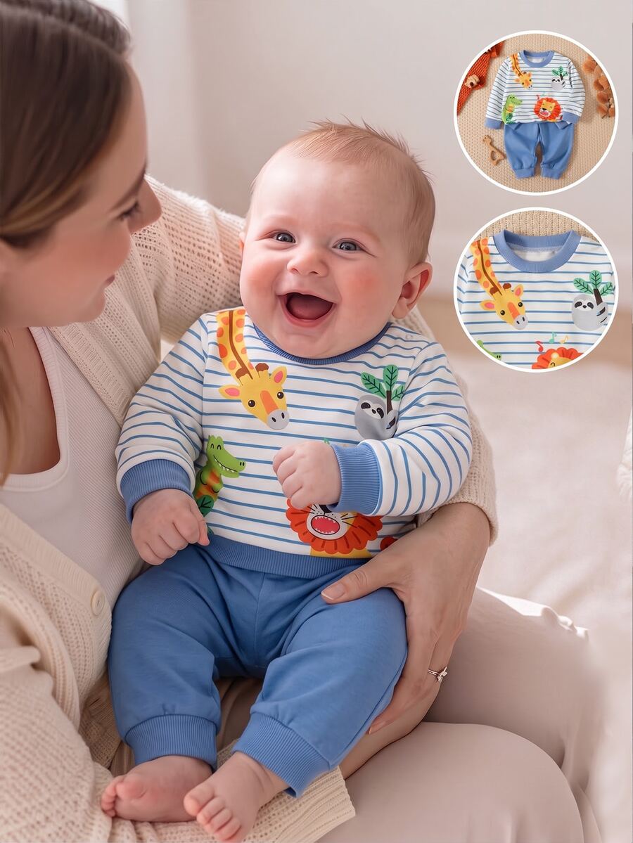 SHEIN 2pcs/Set Newborn Baby Boy Striped Knit Ribbed Crew Neck Animal Print Long Sleeve Top & Pants, Casual Cute & Fun - Blue - View 1