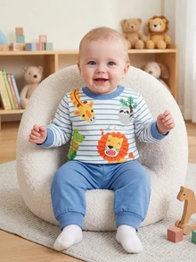 SHEIN 2pcs/Set Newborn Baby Boy Striped Knit Ribbed Crew Neck Animal Print Long Sleeve Top & Pants, Casual Cute & Fun - Blue - View 8