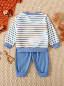SHEIN 2pcs/Set Newborn Baby Boy Striped Knit Ribbed Crew Neck Animal Print Long Sleeve Top & Pants, Casual Cute & Fun - Blue - View 2