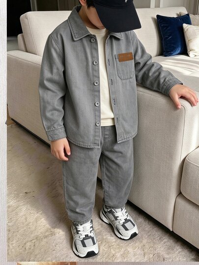 SHEIN Young Boys Casual Long Sleeve Denim Set,Simple Loose Lapel,White Embossed Letter Print,Pocket Decor,Comfortable Pants,Fall School Outfit Birthday