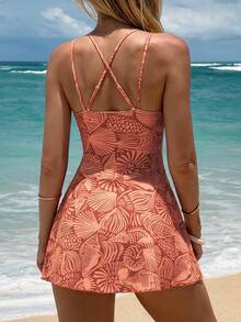 SHEIN Swim Women's Summer Beach Floral Print Drawstring Criss-Cross Strap V-Neck Ruched Skort Sexy Vacation Swimwear - Orange - View 6