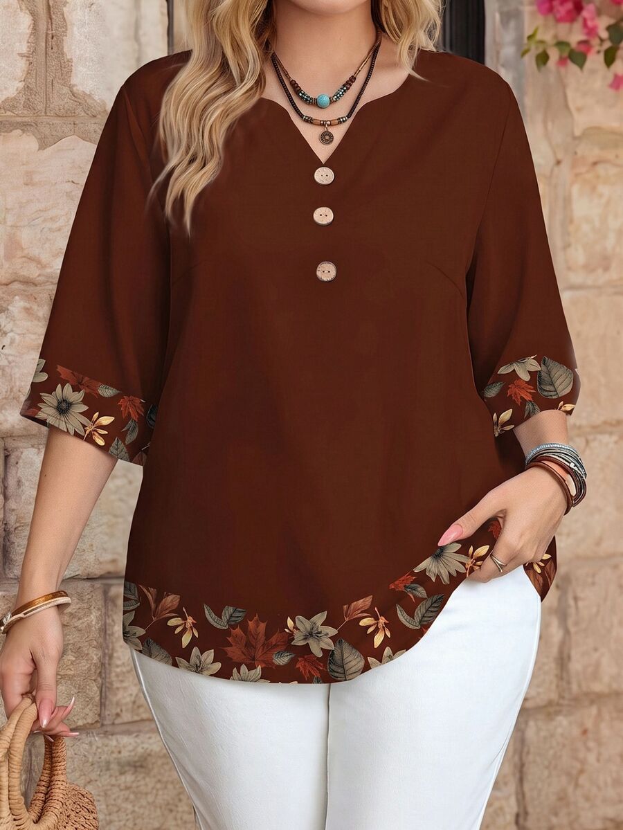 EMERY ROSE Women's Casual Notch Neck 3/4 Sleeve Printed Shirt, Summer,Summer Top - Multicolor - View 1
