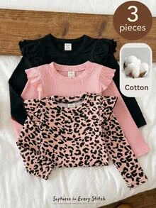 Cozy Pixies 3pcs -Piece Casual Ruffled Round Neck Long Sleeve Top For Baby Girls,Thick And Warm, Suitable For Autumn And Winter - Multicolor - View 1