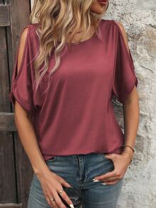 SHEIN Women's Round Neck Solid Color Open Shoulder Casual Summer T-Shirt - Redwood - View 6