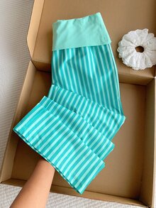 Comfortcana Ladies' Flared Waist And Contrasting Mint Green Striped Loose Pants, Casual And Fashionable Outfit Sleeping Sleepwear Fall - Mint Green - View 4
