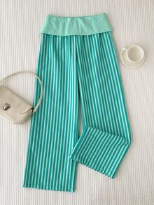 Comfortcana Ladies' Flared Waist And Contrasting Mint Green Striped Loose Pants, Casual And Fashionable Outfit Sleeping Sleepwear Fall - Mint Green - View 3