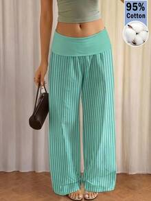 Comfortcana Ladies' Flared Waist And Contrasting Mint Green Striped Loose Pants, Casual And Fashionable Outfit Sleeping Sleepwear Fall - Mint Green - View 1